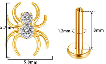 Piercing araignée or Labret Titane avec Cristal Zircon, Labret, Médusa, Monroe 1,2×8mm
