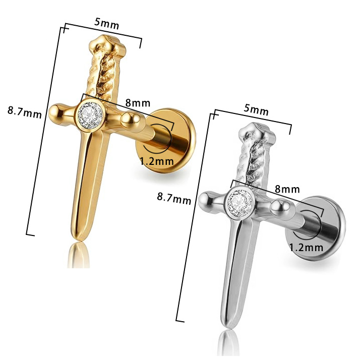 Piercing Epée strass Labret Titane avec Cristal Zircon, Labret, Médusa, Monroe 1,2×8mm