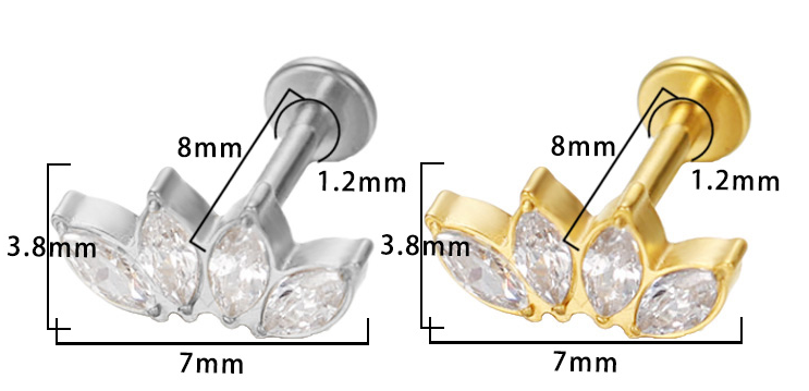 Piercing Marquise 5 strass Labret Titane avec Cristal Zircon, Labret, Médusa, Monroe 1,2×8mm