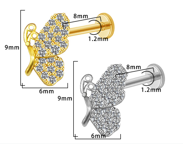 Piercing papillon Labret Titane Orné de Cristaux, Labret, Médusa, Monroe 1,2×8mm