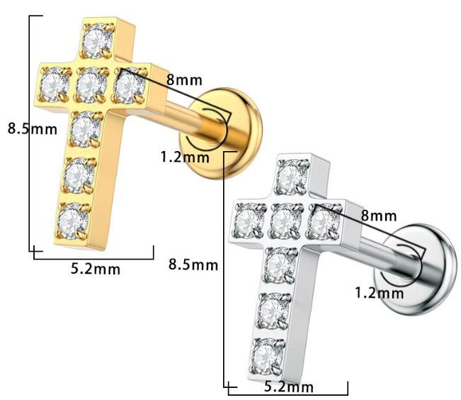 Piercing Croix fine Labret Titane Design Orné, Labret, Médusa, Monroe 1,2×8mm