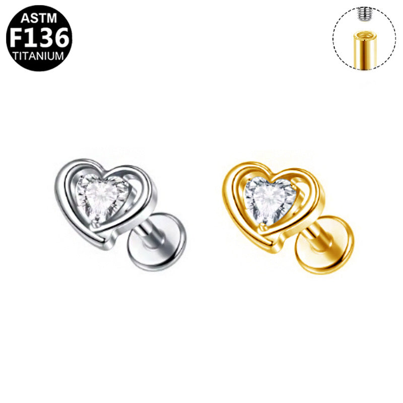 Piercing Coeur Strass Labret Titane avec Cristal Zircon, Labret, Médusa, Monroe 1,2×8mm