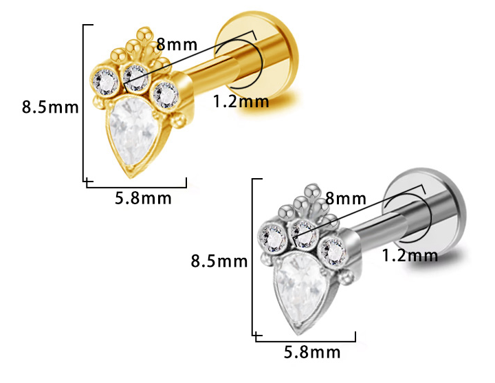 Piercing Trio Labret Titane avec Cristal Zircon, Labret, Médusa, Monroe 1,2×8mm