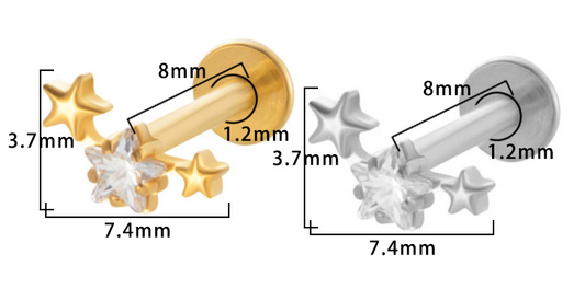 Piercing Etoile Labret Titane Design Orné, Labret, Médusa, Monroe 1,2×8mm