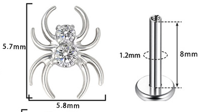 Piercing araignée Labret Titane avec Cristal Zircon, Labret, Médusa, Monroe 1,2×8mm