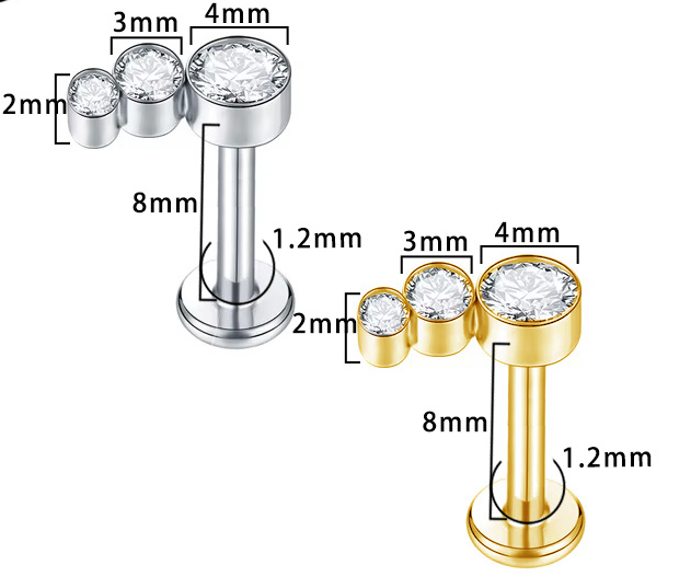 Piercing 3 strass curved Labret Titane Design Orné, Labret, Médusa, Monroe 1,2×8mm