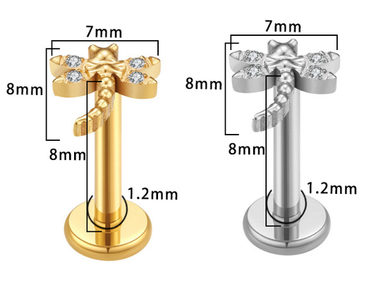 Piercing Libellule Labret Titane Orné de Cristaux, Labret, Médusa, Monroe 1,2×8mm
