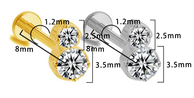 Piercing Duo strass Labret Titane Design Orné, Labret, Médusa, Monroe 1,2×8mm