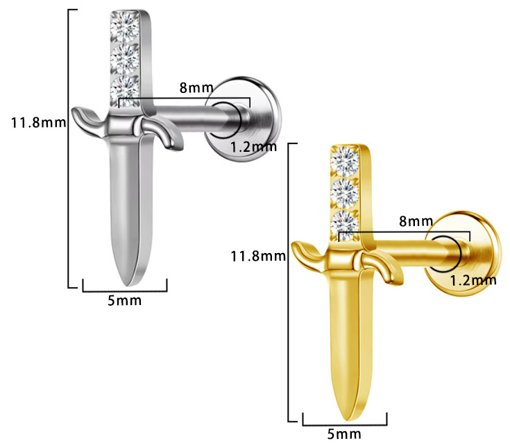 Piercing Poignard Labret Titane avec Cristal Zircon, Labret, Médusa, Monroe 1,2×8mm