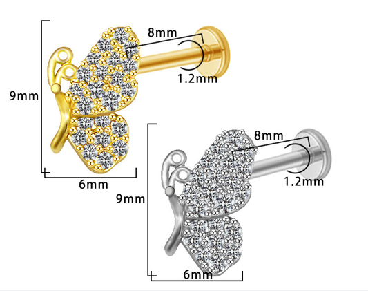 Piercing  papillon Labret Titane Orné de Cristaux, Labret, Médusa, Monroe 1,2×8mm
