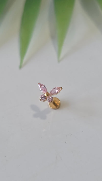 Piercing Labret Papillon strass rose