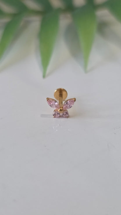 Piercing Labret Papillon strass rose